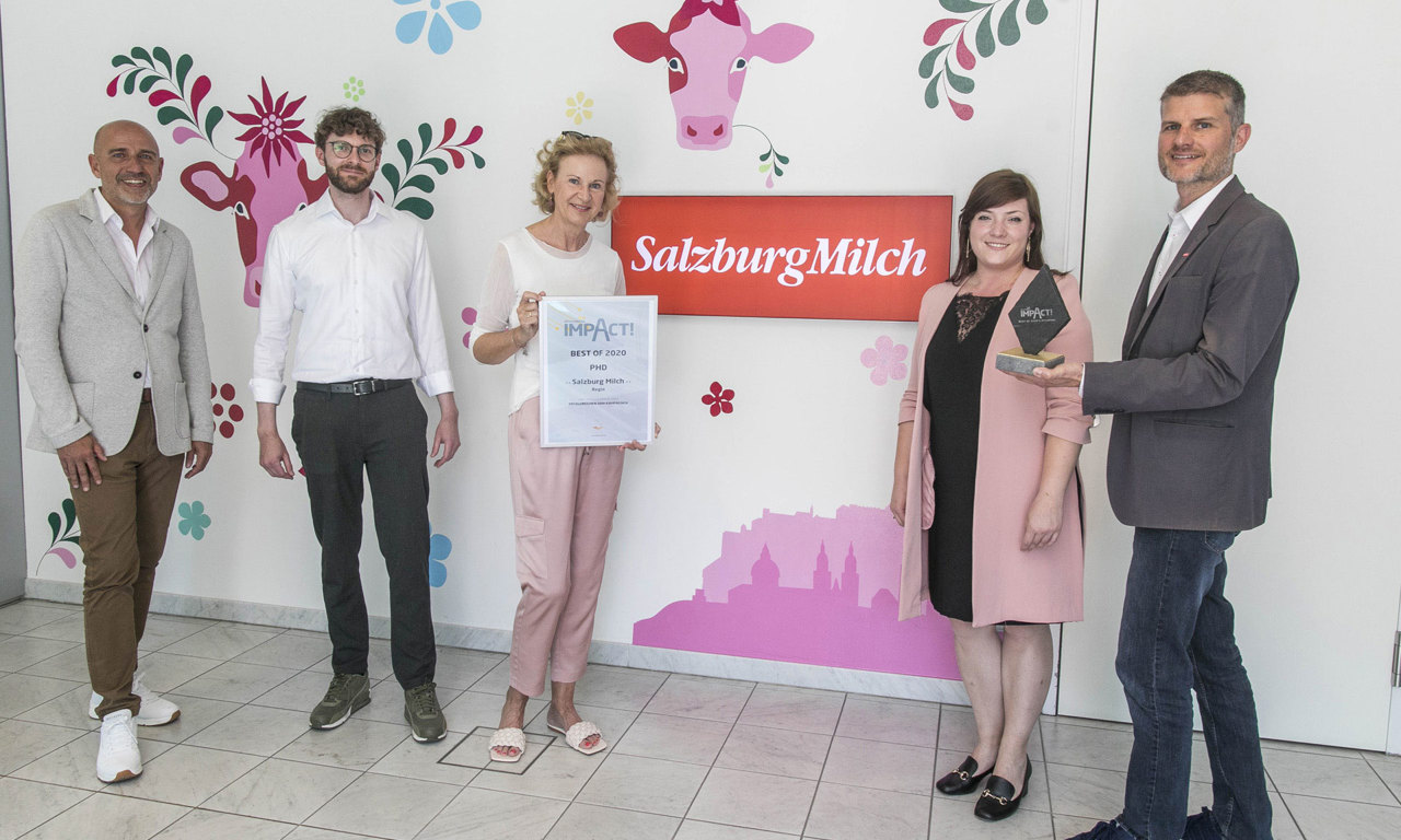 V.l.n.r.: Thomas Frauenschuh, Johannes Brenner (beide EPAMEDIA), Barbara Steigenberger, Irina Reiter-Petrova (beide PHD) und Florian Schwap (Salzburg Milch). © EPAMEDIA