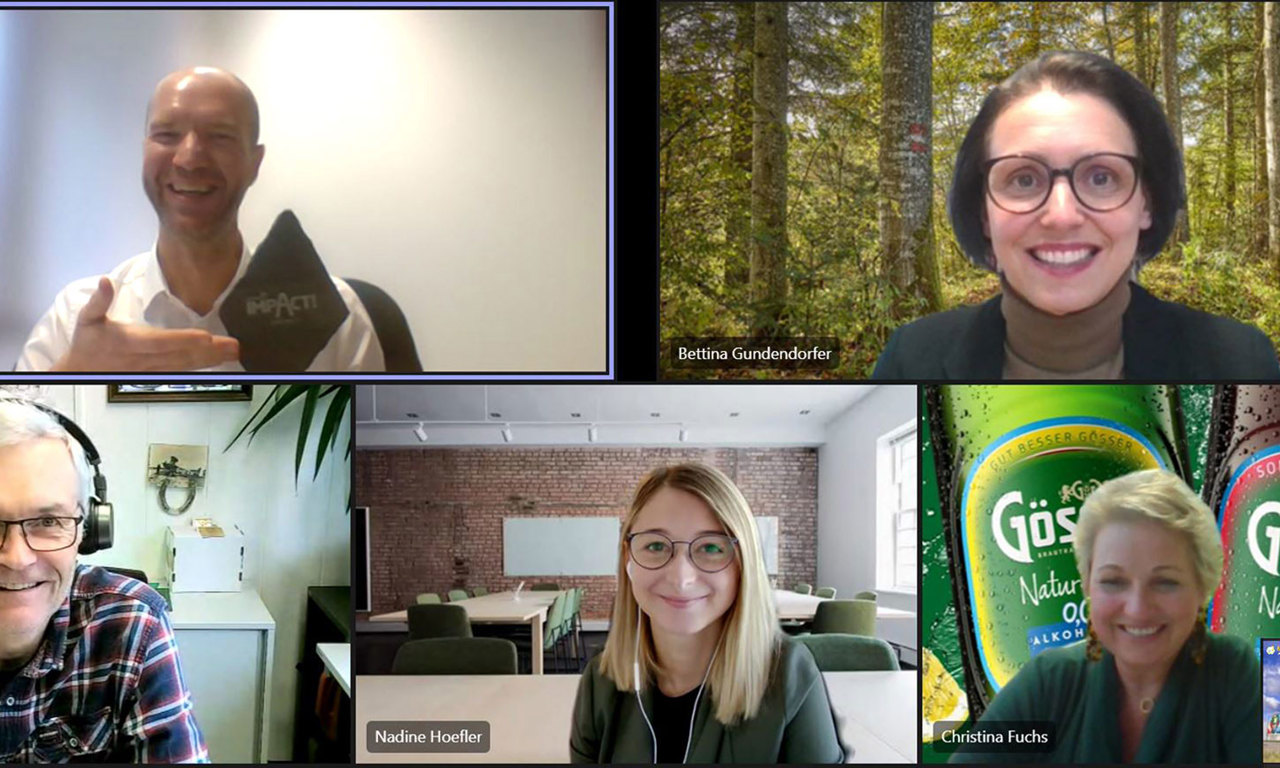 Virtuelle IMPACT-Prämierung für Gösser. V.l. oben n. re. unten: Marcus Zinn und Bettina Gundendorfer (beide EPAMEDIA), Peter Heiligenbrunner, Nadine Höfler, Christina Fuchs (alle Brau Union Österreich), Eleonora Hofmannsrichter (EPAMEDIA).  © EPAMEDIA