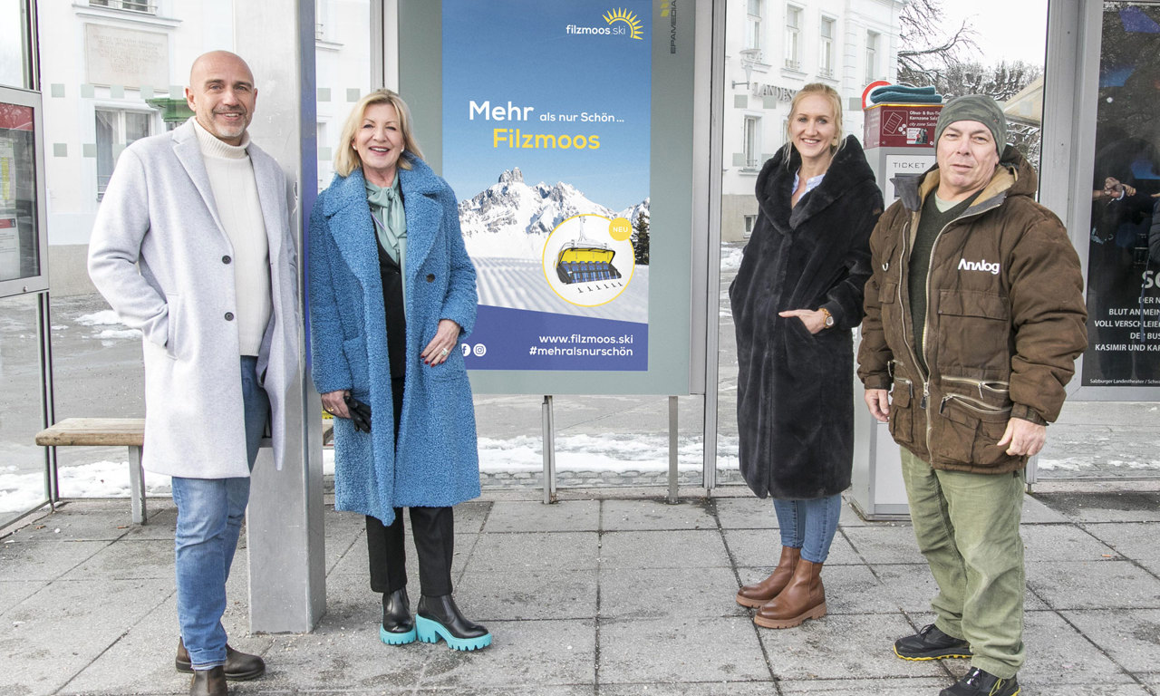 V.l.: Thomas Frauenschuh (EPAMEDIA), Martina Moosleitner, Eva-Maria Nagl (beide Bergbahnen Filzmoos), Sigi Strasser (Agentur Sistra).  © EPAMEDIA
