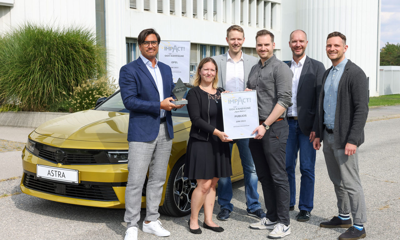 V.l: Johannes Schroll (Direktor Marketing Opel Österreich), Sophie Feiks (Group Account Director Publicis Media Austria), Norbert Niessner (Leiter Marketing Kommunikation Opel Österreich), Bernhard Havlik (Account Manager Publicis Media Austria), Marcus Zinn (Director Sales EPAMEDIA), Stefan Bauda (Senior Key Account Manager EPAMEDIA). © EPAMEDIA
