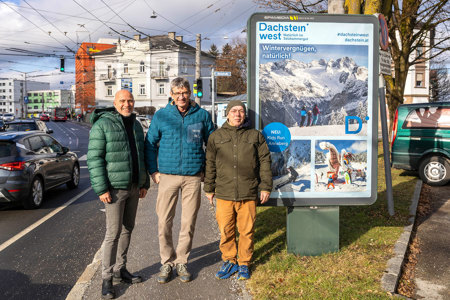 V. l. n. r.: Thomas Frauenschuh (Head of Regional Sales Salzburg, EPAMEDIA), Rupert Schiefer (Geschäftsführer, Bergbahnen Dachstein West) und Sigi Strasser (Agentur si.stra)