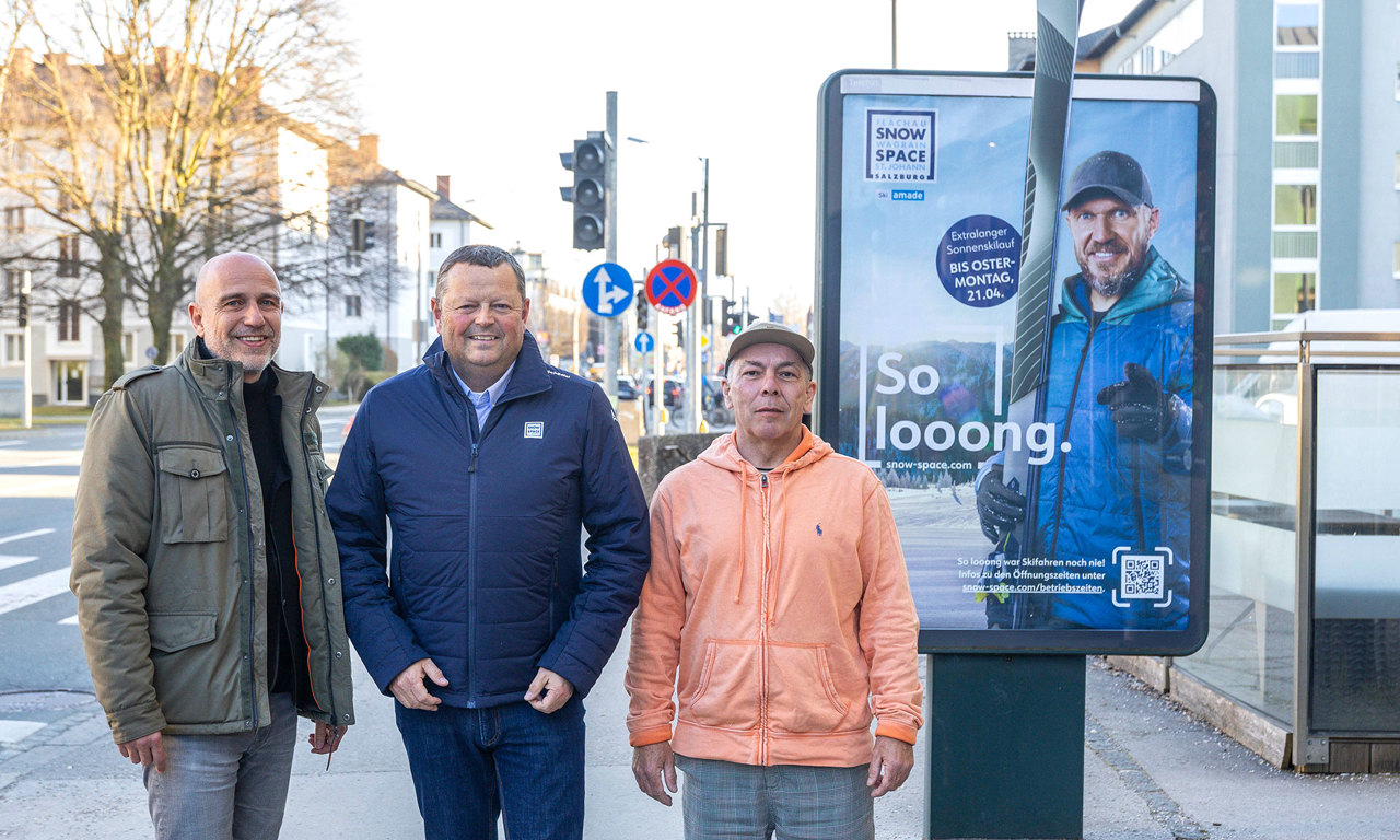 V. l. n. r.: Thomas Frauenschuh (Head of Regional Sales Salzburg, EPAMEDIA), Wolfgang Hettegger (CEO, Snow Space Salzburg Bergbahnen AG) und Sigi Strasser (Agentur si.stra).